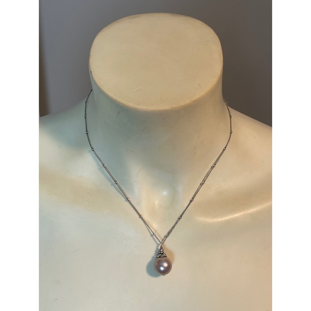 925 Sterling Silver Dainty Satellite Chain Pink Faux Pearl Pendant Necklace - Picture 3 of 7